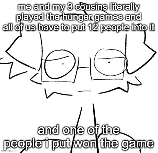 Stare | me and my 3 cousins literally played the hunger games and all of us have to put 12 people into it; and one of the people i put won the game | image tagged in stare | made w/ Imgflip meme maker