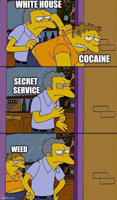 House in order? | WHITE HOUSE; COCAINE; SECRET 
SERVICE; WEED | image tagged in kicking out simpsons,cocaine,weed,democrats,leftists,liberals | made w/ Imgflip meme maker