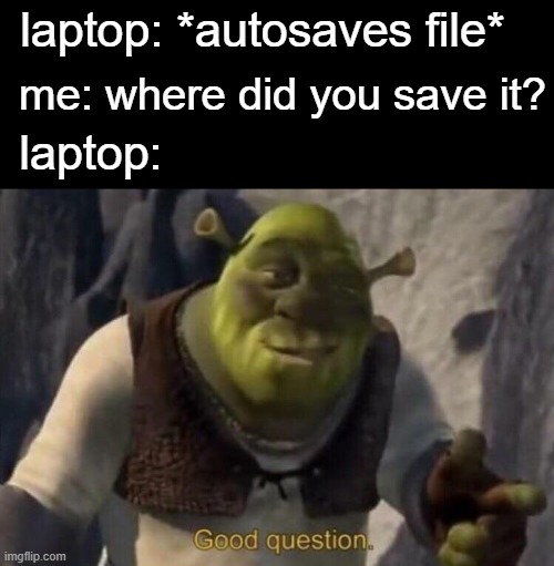 image title | laptop: *autosaves file*; me: where did you save it? laptop: | image tagged in shrek good question | made w/ Imgflip meme maker