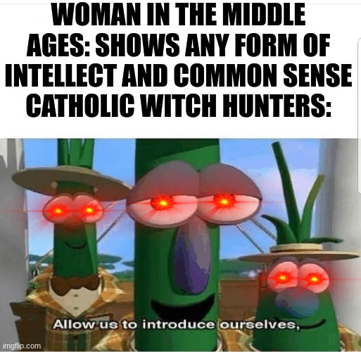 Allow us to introduce ourselves | WOMAN IN THE MIDDLE AGES: SHOWS ANY FORM OF INTELLECT AND COMMON SENSE
CATHOLIC WITCH HUNTERS: | image tagged in allow us to introduce ourselves,history memes | made w/ Imgflip meme maker