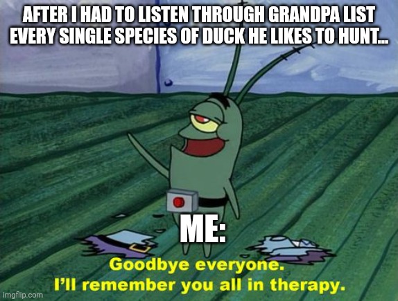 Ducking trauma, man!!!! | AFTER I HAD TO LISTEN THROUGH GRANDPA LIST EVERY SINGLE SPECIES OF DUCK HE LIKES TO HUNT... ME: | image tagged in goodbye everyone i'll remember you all in therapy | made w/ Imgflip meme maker