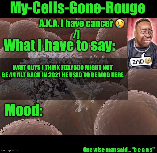 My-Cells-Gone-Rouge announcement | WAIT GUYS I THINK FOXY500 MIGHT NOT BE AN ALT BACK IN 2021 HE USED TO BE MOD HERE | image tagged in my-cells-gone-rouge announcement | made w/ Imgflip meme maker