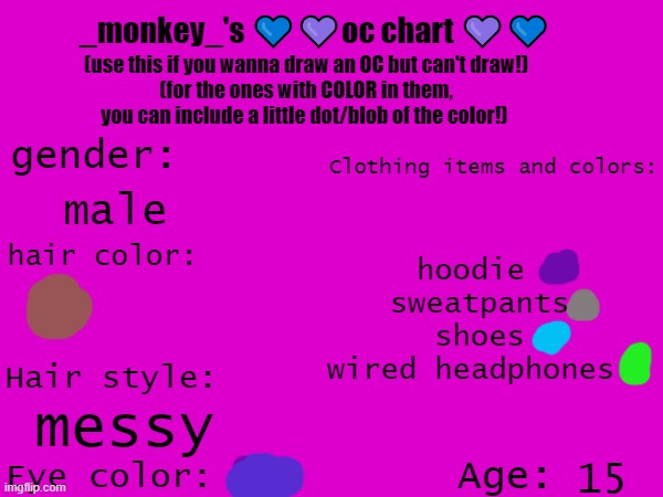 personal and for me | male; hoodie 
sweatpants
shoes
wired headphones; messy; 15 | image tagged in _monkey_'s oc chart | made w/ Imgflip meme maker