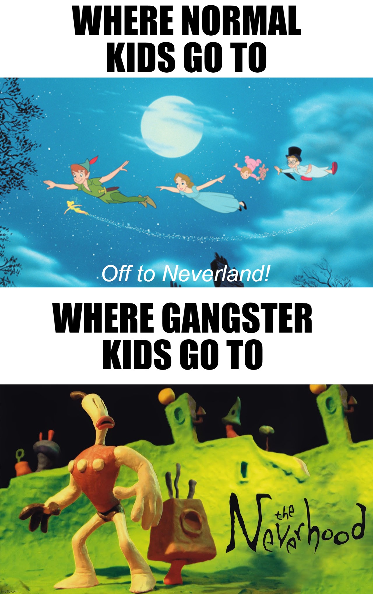 WHERE NORMAL
KIDS GO TO; Off to Neverland! WHERE GANGSTER
KIDS GO TO | image tagged in blank white template | made w/ Imgflip meme maker