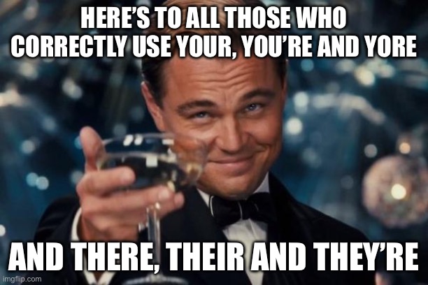 Cheers | HERE’S TO ALL THOSE WHO CORRECTLY USE YOUR, YOU’RE AND YORE; AND THERE, THEIR AND THEY’RE | image tagged in memes,leonardo dicaprio cheers | made w/ Imgflip meme maker