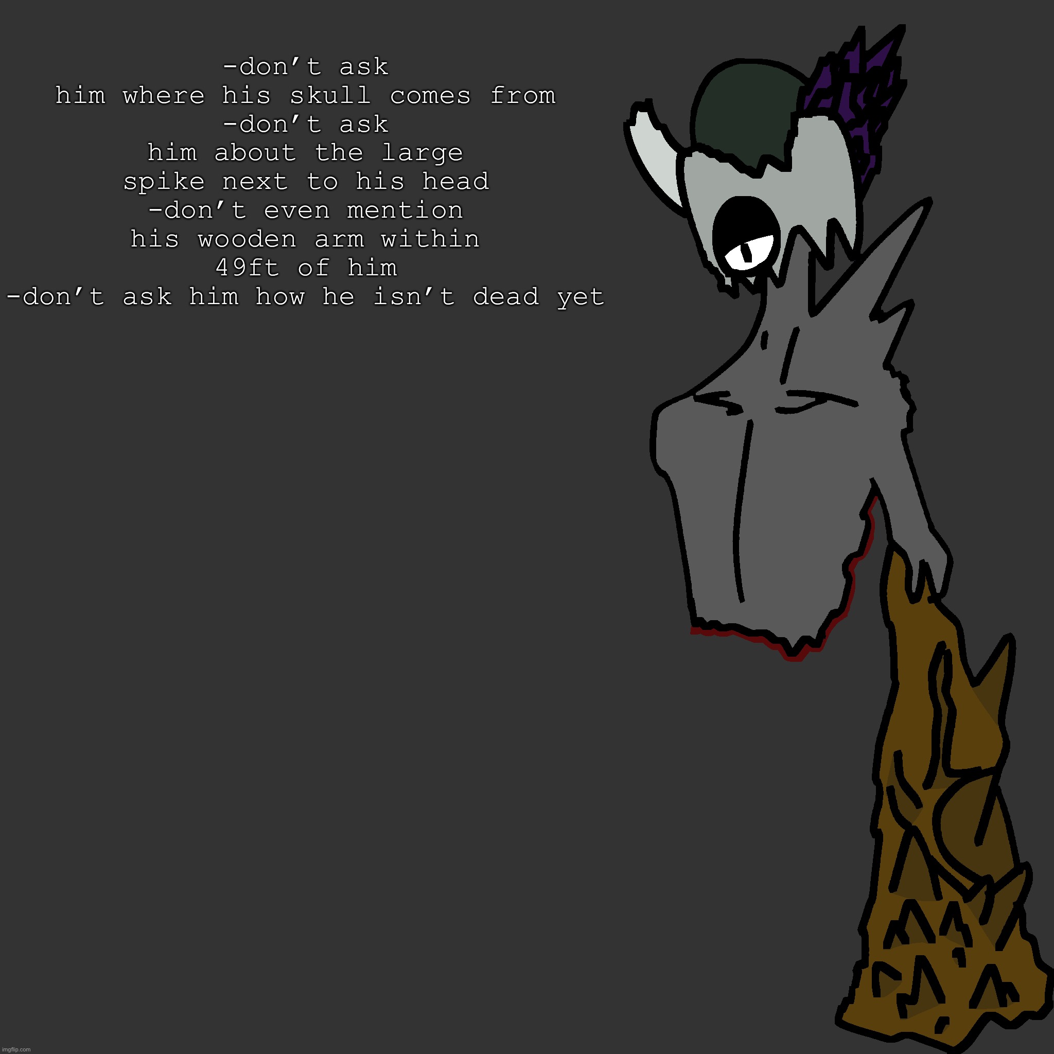 -don’t ask him where his skull comes from
-don’t ask him about the large spike next to his head
-don’t even mention his wooden arm within 49ft of him
-don’t ask him how he isn’t dead yet | made w/ Imgflip meme maker