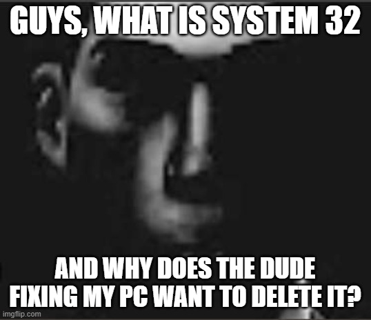 what | GUYS, WHAT IS SYSTEM 32; AND WHY DOES THE DUDE FIXING MY PC WANT TO DELETE IT? | image tagged in what | made w/ Imgflip meme maker