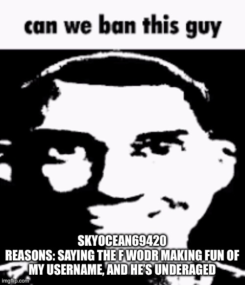 Can we ban this guy | SKYOCEAN69420
REASONS: SAYING THE F WODR MAKING FUN OF MY USERNAME, AND HE’S UNDERAGED | image tagged in can we ban this guy,tf2 scout | made w/ Imgflip meme maker