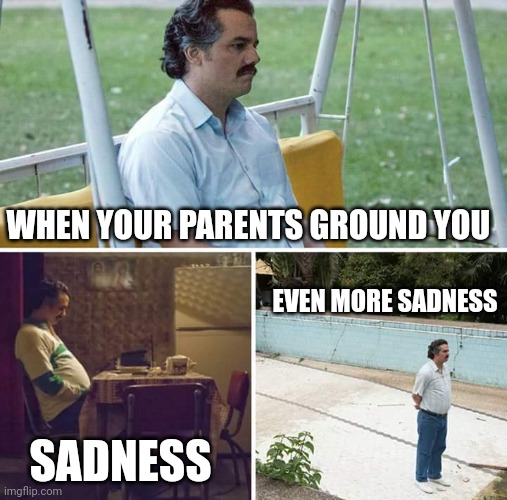 Like this is spot on | WHEN YOUR PARENTS GROUND YOU; EVEN MORE SADNESS; SADNESS | image tagged in memes,sad pablo escobar | made w/ Imgflip meme maker
