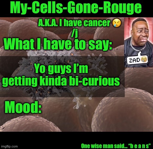 My-Cells-Gone-Rouge announcement | Yo guys I’m getting kinda bi-curious | image tagged in my-cells-gone-rouge announcement | made w/ Imgflip meme maker