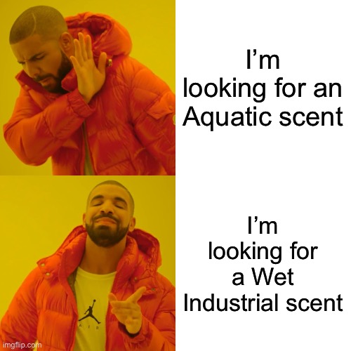 Drake Hotline Bling Meme | I’m looking for an Aquatic scent; I’m looking for a Wet Industrial scent | image tagged in memes,drake hotline bling | made w/ Imgflip meme maker