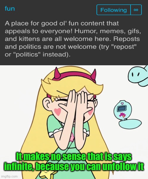 It would be better if it said the actual amount | It makes no sense that is says infinite, because you can unfollow it | image tagged in star butterfly severe facepalm | made w/ Imgflip meme maker