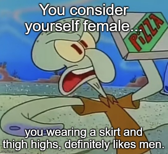 squidward mad | You consider yourself female... you wearing a skirt and thigh highs, definitely likes men. | image tagged in squidward mad | made w/ Imgflip meme maker