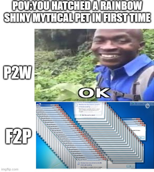 type for player in psx be like | POV:YOU HATCHED A RAINBOW SHINY MYTHCAL PET IN FIRST TIME; P2W; F2P | image tagged in memes | made w/ Imgflip meme maker