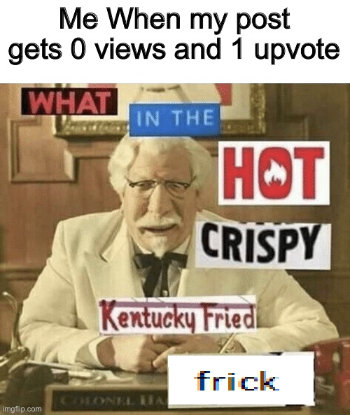 what in the hot crispy kentucky fried frick | Me When my post gets 0 views and 1 upvote | image tagged in what in the hot crispy kentucky fried frick,bruh,memes,funny,haha yes,epic time | made w/ Imgflip meme maker