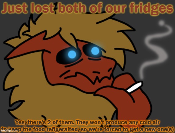 My dad found the 2nd one. So me and my fam are gonna have to live on canned stuff and Dinner Roles for a while.. | Just lost both of our fridges; Yes, there's 2 of them. They won't produce any cold air to keep the food refigeraited, so we're forced to get a new one(s) | image tagged in smok | made w/ Imgflip meme maker