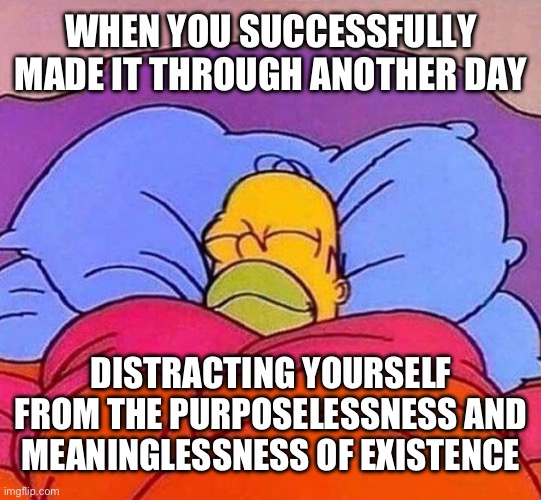 Another success | WHEN YOU SUCCESSFULLY MADE IT THROUGH ANOTHER DAY; DISTRACTING YOURSELF FROM THE PURPOSELESSNESS AND MEANINGLESSNESS OF EXISTENCE | image tagged in homer simpson sleeping peacefully | made w/ Imgflip meme maker