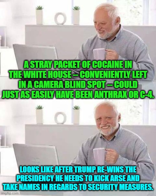 Notice how EVERYTHING as become one extended clown show since the left took control? | A STRAY PACKET OF COCAINE IN THE WHITE HOUSE -- CONVENIENTLY LEFT IN A CAMERA BLIND SPOT -- COULD JUST AS EASILY HAVE BEEN ANTHRAX OR C-4. LOOKS LIKE AFTER TRUMP RE-WINS THE PRESIDENCY HE NEEDS TO KICK ARSE AND TAKE NAMES IN REGARDS TO SECURITY MEASURES. | image tagged in hide the pain harold | made w/ Imgflip meme maker