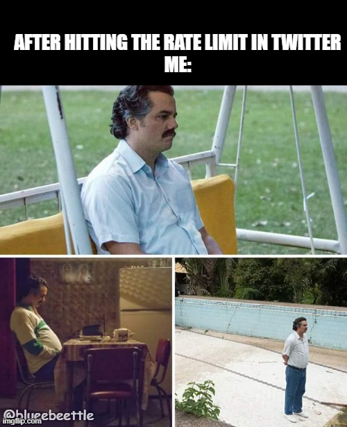 rate limit exceeded | AFTER HITTING THE RATE LIMIT IN TWITTER
ME:; @blueebeettle | image tagged in memes,sad pablo escobar | made w/ Imgflip meme maker