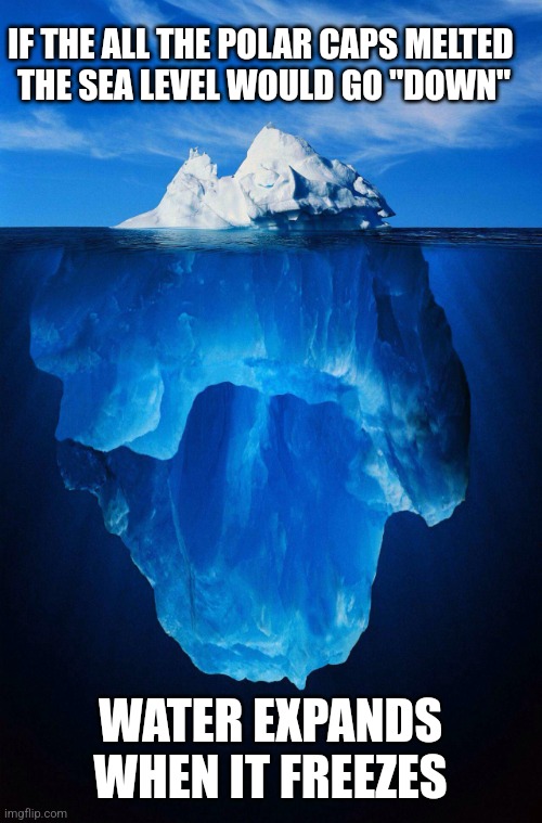 iceberg | IF THE ALL THE POLAR CAPS MELTED 
THE SEA LEVEL WOULD GO "DOWN"; WATER EXPANDS WHEN IT FREEZES | image tagged in iceberg | made w/ Imgflip meme maker