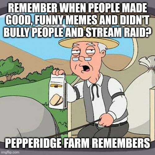 Pepperidge Farm Remembers | REMEMBER WHEN PEOPLE MADE GOOD, FUNNY MEMES AND DIDN'T BULLY PEOPLE AND STREAM RAID? PEPPERIDGE FARM REMEMBERS | image tagged in memes,pepperidge farm remembers | made w/ Imgflip meme maker