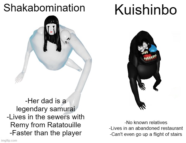 Shakabomination vs Kuishinbo | Shakabomination; Kuishinbo; -Her dad is a legendary samurai
-Lives in the sewers with Remy from Ratatouille
-Faster than the player; -No known relatives
-Lives in an abandoned restaurant
-Can't even go up a flight of stairs | image tagged in memes,buff doge vs cheems | made w/ Imgflip meme maker