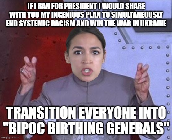 Evil AOC has all the answers | IF I RAN FOR PRESIDENT I WOULD SHARE WITH YOU MY INGENIOUS PLAN TO SIMULTANEOUSLY END SYSTEMIC RACISM AND WIN THE WAR IN UKRAINE; TRANSITION EVERYONE INTO
"BIPOC BIRTHING GENERALS" | image tagged in 'evil' aoc,fascist,communist socialist,lgbtq | made w/ Imgflip meme maker