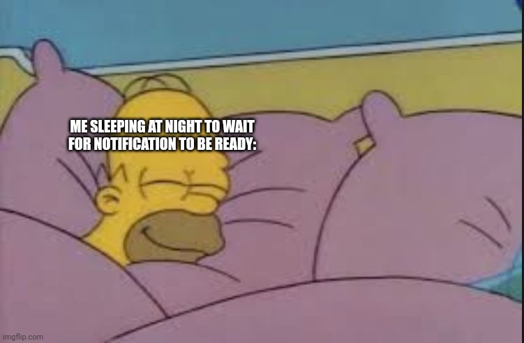 WOCKY SLUSH | ME SLEEPING AT NIGHT TO WAIT FOR NOTIFICATION TO BE READY: | image tagged in how i sleep homer simpson | made w/ Imgflip meme maker