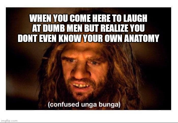 Confused Cave Man | WHEN YOU COME HERE TO LAUGH AT DUMB MEN BUT REALIZE YOU DONT EVEN KNOW YOUR OWN ANATOMY | image tagged in confused cave man | made w/ Imgflip meme maker