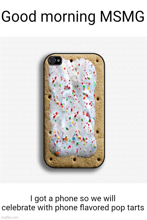 Meme #2,499 | Good morning MSMG; I got a phone so we will celebrate with phone flavored pop tarts | image tagged in msmg,good morning,celebraaaaaate,memes,pop tarts,phone | made w/ Imgflip meme maker