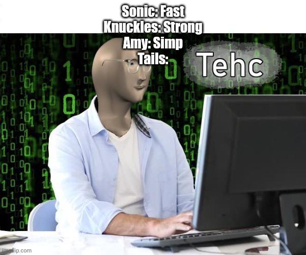 tehc | Sonic: Fast
Knuckles: Strong
Amy: Simp
Tails: | image tagged in tehc | made w/ Imgflip meme maker