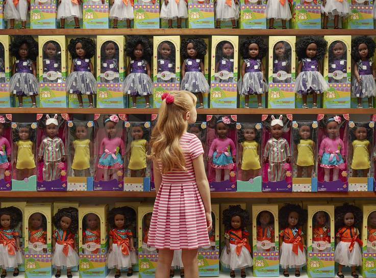 Flip the script; white girl looks at rows of black dolls JPP Blank Meme Template