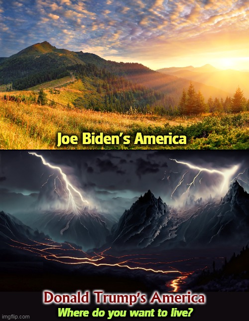 Where do you want to live? | Joe Biden's America; Donald Trump's America; Where do you want to live? | image tagged in biden,morning,trump,midnight,nightmare,america | made w/ Imgflip meme maker