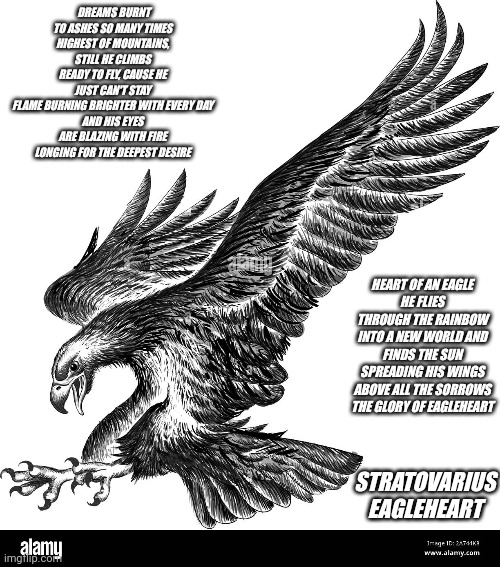 Inspirational songs | DREAMS BURNT TO ASHES SO MANY TIMES
HIGHEST OF MOUNTAINS, STILL HE CLIMBS
READY TO FLY, CAUSE HE JUST CAN'T STAY
FLAME BURNING BRIGHTER WITH EVERY DAY
AND HIS EYES ARE BLAZING WITH FIRE
LONGING FOR THE DEEPEST DESIRE; HEART OF AN EAGLE
HE FLIES THROUGH THE RAINBOW
INTO A NEW WORLD AND FINDS THE SUN
SPREADING HIS WINGS
ABOVE ALL THE SORROWS
THE GLORY OF EAGLEHEART; STRATOVARIUS EAGLEHEART | image tagged in eagles | made w/ Imgflip meme maker