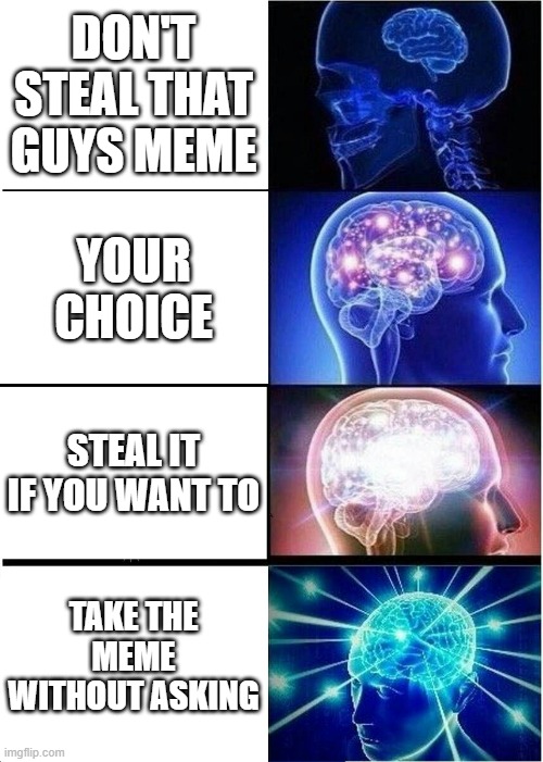 steal the meme | DON'T STEAL THAT GUYS MEME; YOUR CHOICE; STEAL IT IF YOU WANT TO; TAKE THE MEME WITHOUT ASKING | image tagged in memes,expanding brain | made w/ Imgflip meme maker