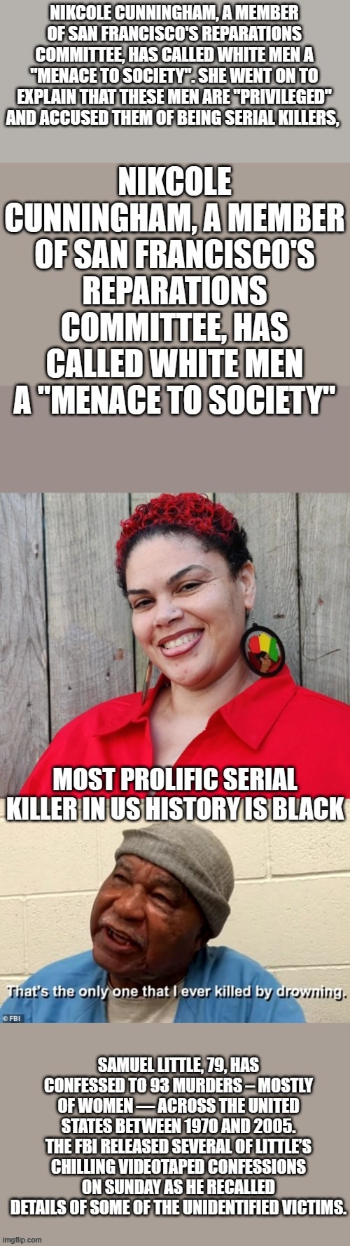 They should educate themselves before spewing their black Racisum. | NIKCOLE CUNNINGHAM, A MEMBER OF SAN FRANCISCO'S REPARATIONS COMMITTEE, HAS CALLED WHITE MEN A "MENACE TO SOCIETY". SHE WENT ON TO EXPLAIN THAT THESE MEN ARE "PRIVILEGED" AND ACCUSED THEM OF BEING SERIAL KILLERS, | image tagged in democrats,liars,racist | made w/ Imgflip meme maker