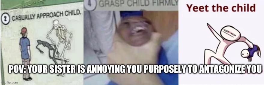 Casually Approach Child, Grasp Child Firmly, Yeet the Child | POV: YOUR SISTER IS ANNOYING YOU PURPOSELY TO ANTAGONIZE YOU | image tagged in casually approach child grasp child firmly yeet the child | made w/ Imgflip meme maker