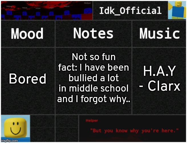 Probably because I existed or something.... | Not so fun fact: I have been bullied a lot in middle school and I forgot why.. H.A.Y - Clarx; Bored | image tagged in idk's helper template,idk,stuff,s o u p,carck | made w/ Imgflip meme maker