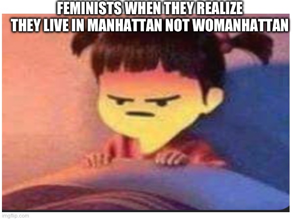 FEMINISTS WHEN THEY REALIZE THEY LIVE IN MANHATTAN NOT WOMANHATTAN | image tagged in funny | made w/ Imgflip meme maker