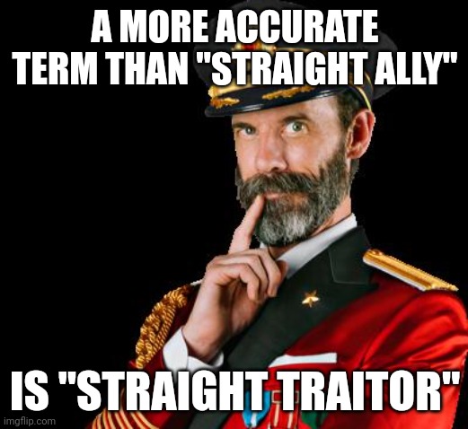 True Words Were Never Spoken | A MORE ACCURATE TERM THAN "STRAIGHT ALLY"; IS "STRAIGHT TRAITOR" | image tagged in captain obvious,straight,traitor,thanks captain obvious | made w/ Imgflip meme maker