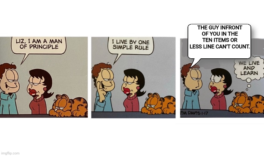 Life lessons with Jon | THE GUY INFRONT OF YOU IN THE TEN ITEMS OR LESS LINE CAN'T COUNT. | image tagged in i am a man of principal jon arbuckle,jon,garfield,stop it | made w/ Imgflip meme maker