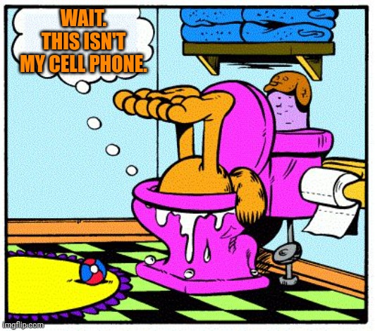 Garfield In Toilet | WAIT. THIS ISN'T MY CELL PHONE. | image tagged in garfield in toilet | made w/ Imgflip meme maker