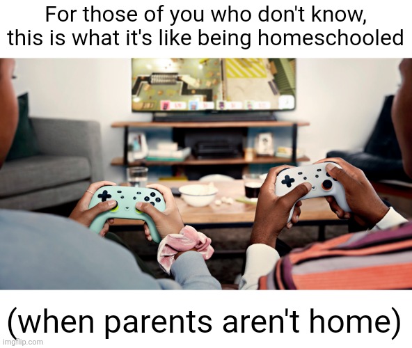 Meme #2,501 | For those of you who don't know, this is what it's like being homeschooled; (when parents aren't home) | image tagged in memes,school,homeschool,video games,home alone,true | made w/ Imgflip meme maker