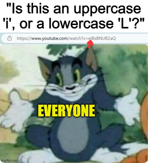 No one knows @_@ | "Is this an uppercase 'i', or a lowercase 'L'?"; EVERYONE | image tagged in tom shrugging | made w/ Imgflip meme maker