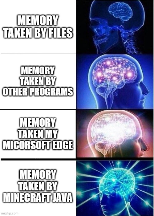 All my pc memory has been taken | MEMORY TAKEN BY FILES; MEMORY TAKEN BY OTHER PROGRAMS; MEMORY TAKEN MY MICORSOFT EDGE; MEMORY TAKEN BY MINECRAFT JAVA | image tagged in memes,expanding brain,microsoft edge,java,minecraft | made w/ Imgflip meme maker