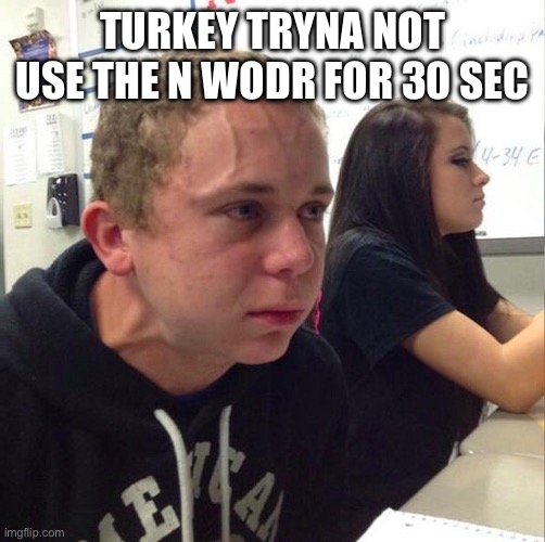 he can’t | TURKEY TRYNA NOT USE THE N WODR FOR 30 SECONDS | image tagged in angery boi | made w/ Imgflip meme maker