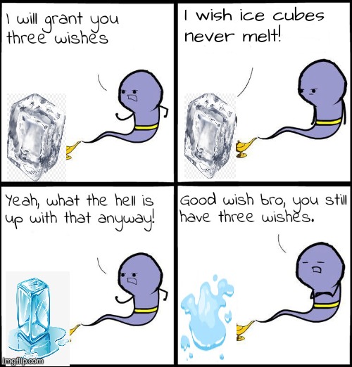 The Cold-Blooded Genie | I wish ice cubes
never melt! | image tagged in 3 wishes | made w/ Imgflip meme maker
