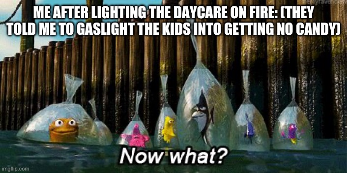 Now What? | ME AFTER LIGHTING THE DAYCARE ON FIRE: (THEY TOLD ME TO GASLIGHT THE KIDS INTO GETTING NO CANDY) | image tagged in now what | made w/ Imgflip meme maker
