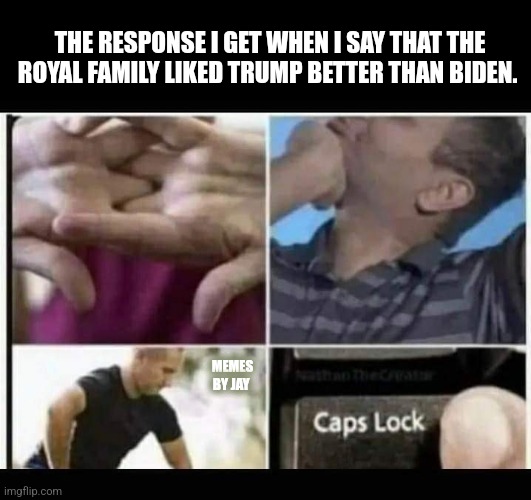 Ha | THE RESPONSE I GET WHEN I SAY THAT THE ROYAL FAMILY LIKED TRUMP BETTER THAN BIDEN. MEMES BY JAY | image tagged in donald trump,joe biden,idiots | made w/ Imgflip meme maker