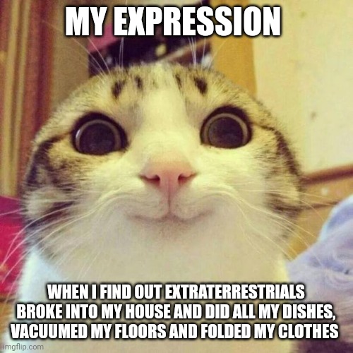 I don't plan on pressing charges on these intruders | MY EXPRESSION; WHEN I FIND OUT EXTRATERRESTRIALS BROKE INTO MY HOUSE AND DID ALL MY DISHES, VACUUMED MY FLOORS AND FOLDED MY CLOTHES | image tagged in memes,smiling cat | made w/ Imgflip meme maker
